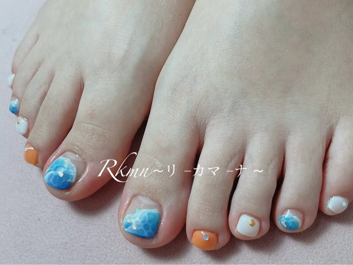 ネイル アートネイル フットネイル オレンジ 春ネイル ハンドネイル フットネイル ハンドケア Rkmn ~リ-カマ-ナ~のネイルデザイン
