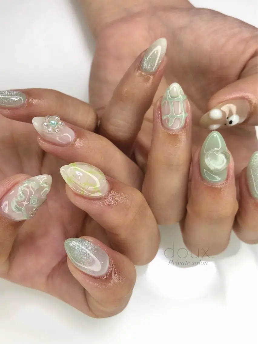 ネイル 氷ネイル・うるうるネイル 韓国ネイル マグネットネイル 持ち込み ぷっくりネイル doux. nailのネイルデザイン