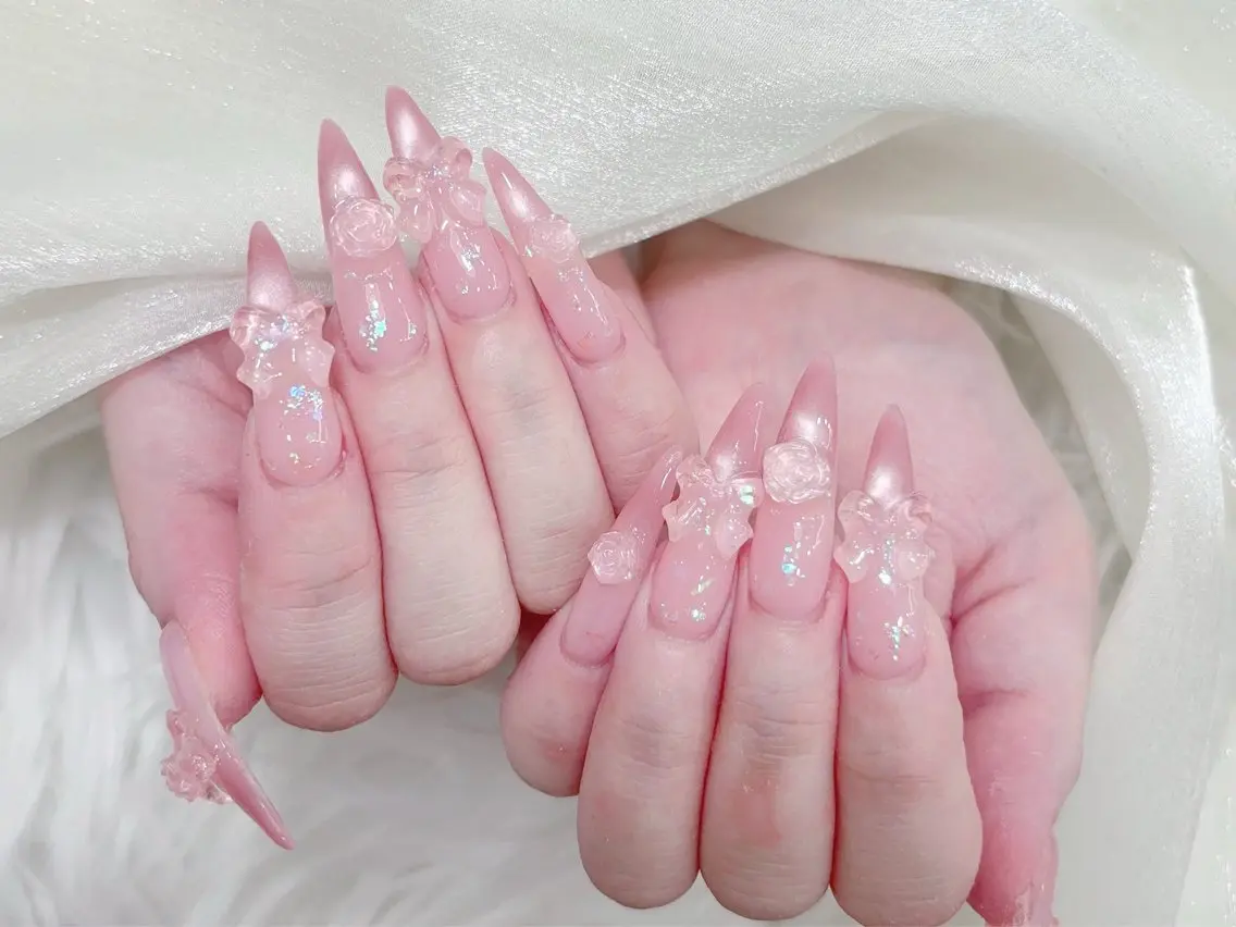 ネイル 成人式 マグネットネイル 大理石ネイル(マーブル) リボン 夏ネイル ハンドネイル MoMoA Nail ネイル長さ出し専門店のネイルデザイン