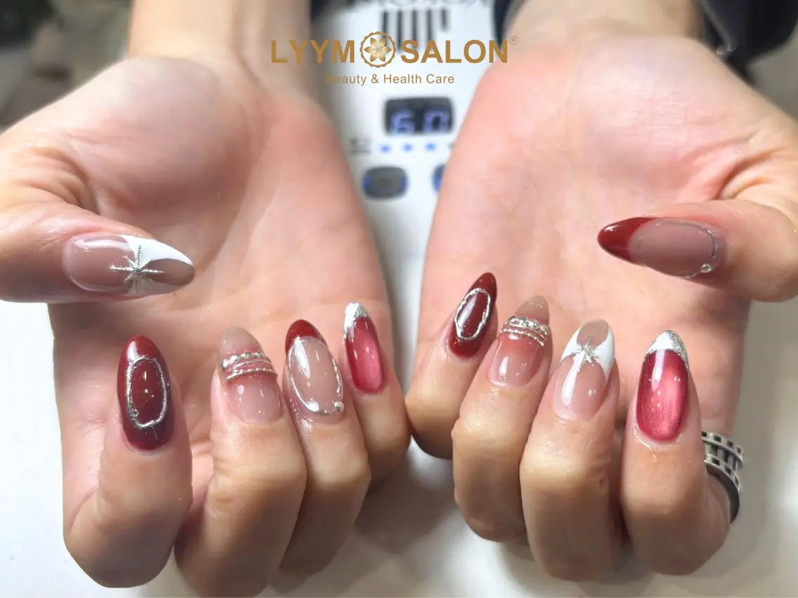 ネイル ボルドー ブラウン チークネイル ドット フットネイル ハンドネイル VAN NAIL 海老名展のネイルデザイン