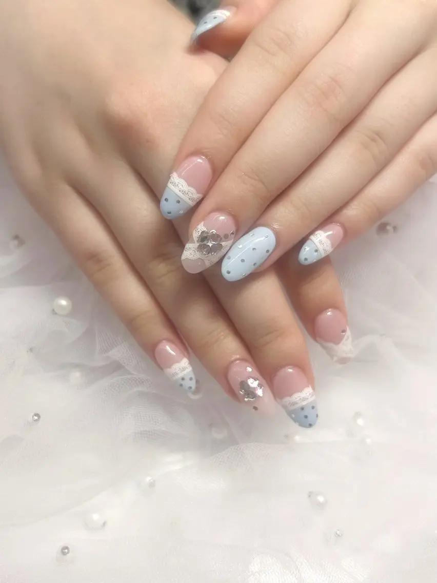 ネイル レース 水色 ハンドネイル 🎀WOLTOKYO 池袋🎀hinataのネイルデザイン