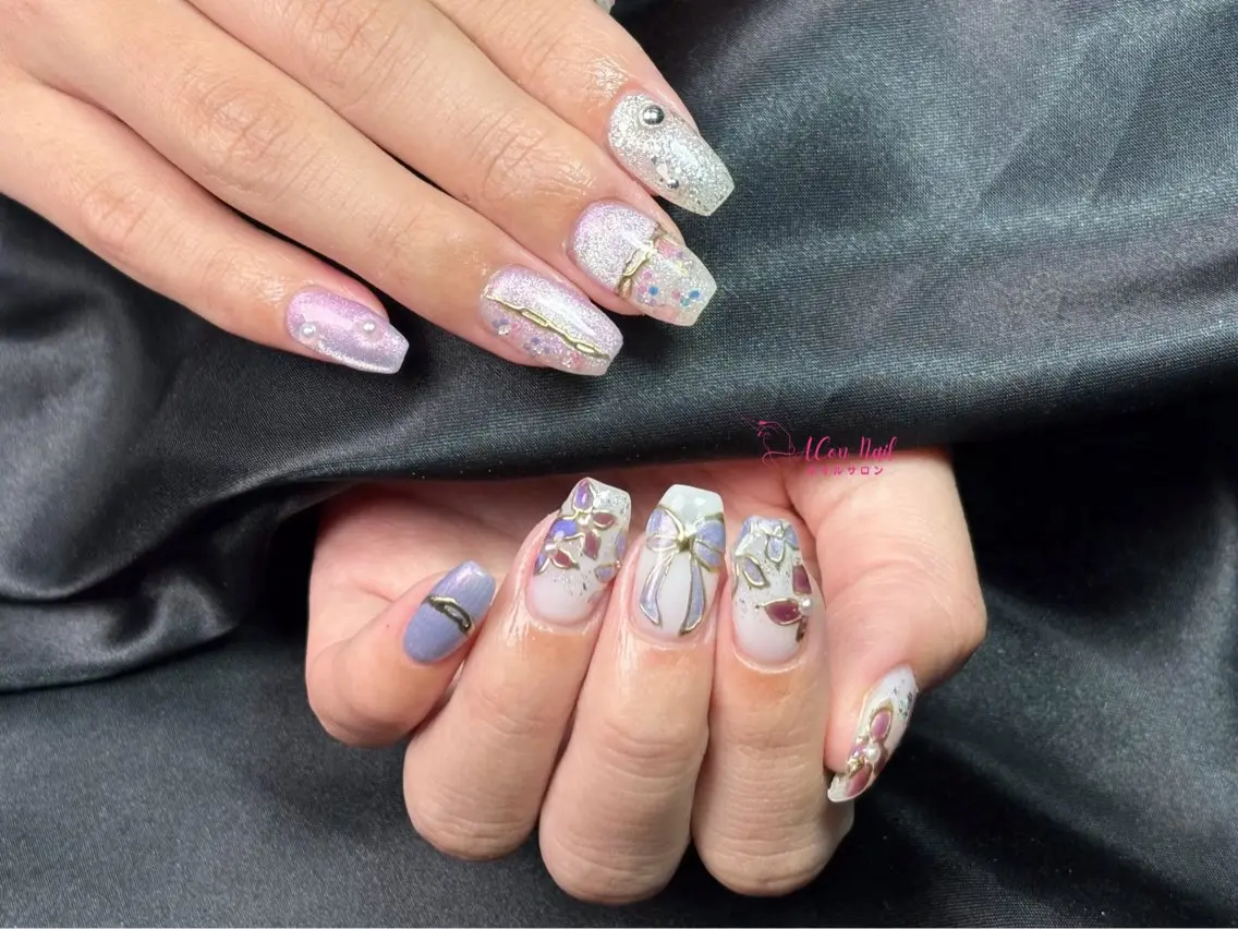 ネイル 桜ネイル 長さ出し フラワーネイル フレンチネイル ジェルネイル ハンドネイル ACon NailSalonのネイルデザイン