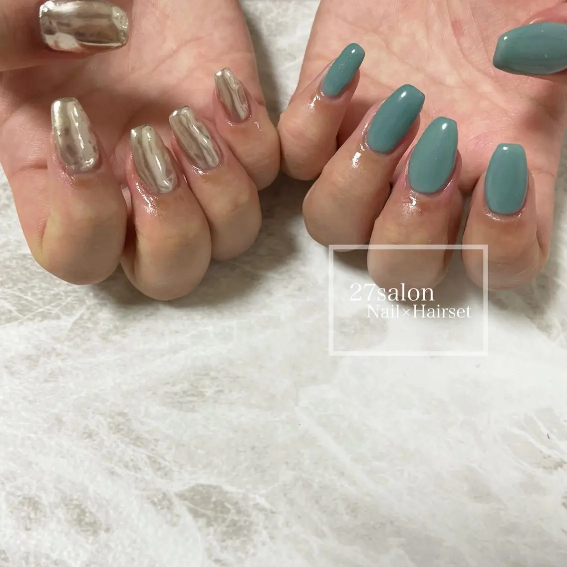 ネイル グリーン ミラーネイル 27salon yuinaのネイルデザイン