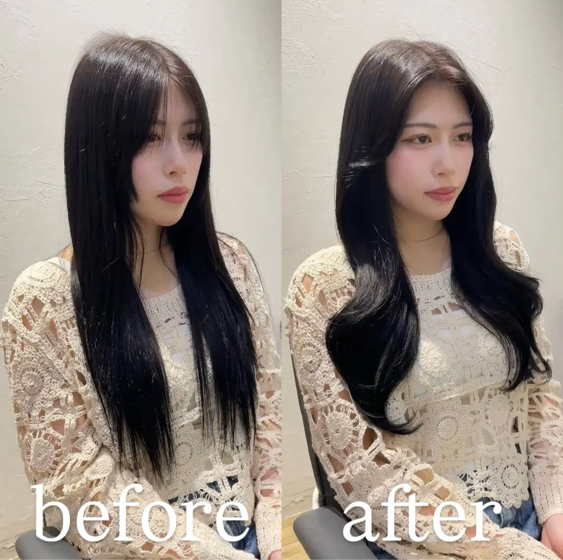 ロング カラー 黒髪 くびれヘア 韓国風ヘア レイヤーカット ロング カット ヘアカラー トリートメント ヘッドスパ 大人可愛い透明感🌟 小顔・韓国髪🌟野中のヘアスタイル