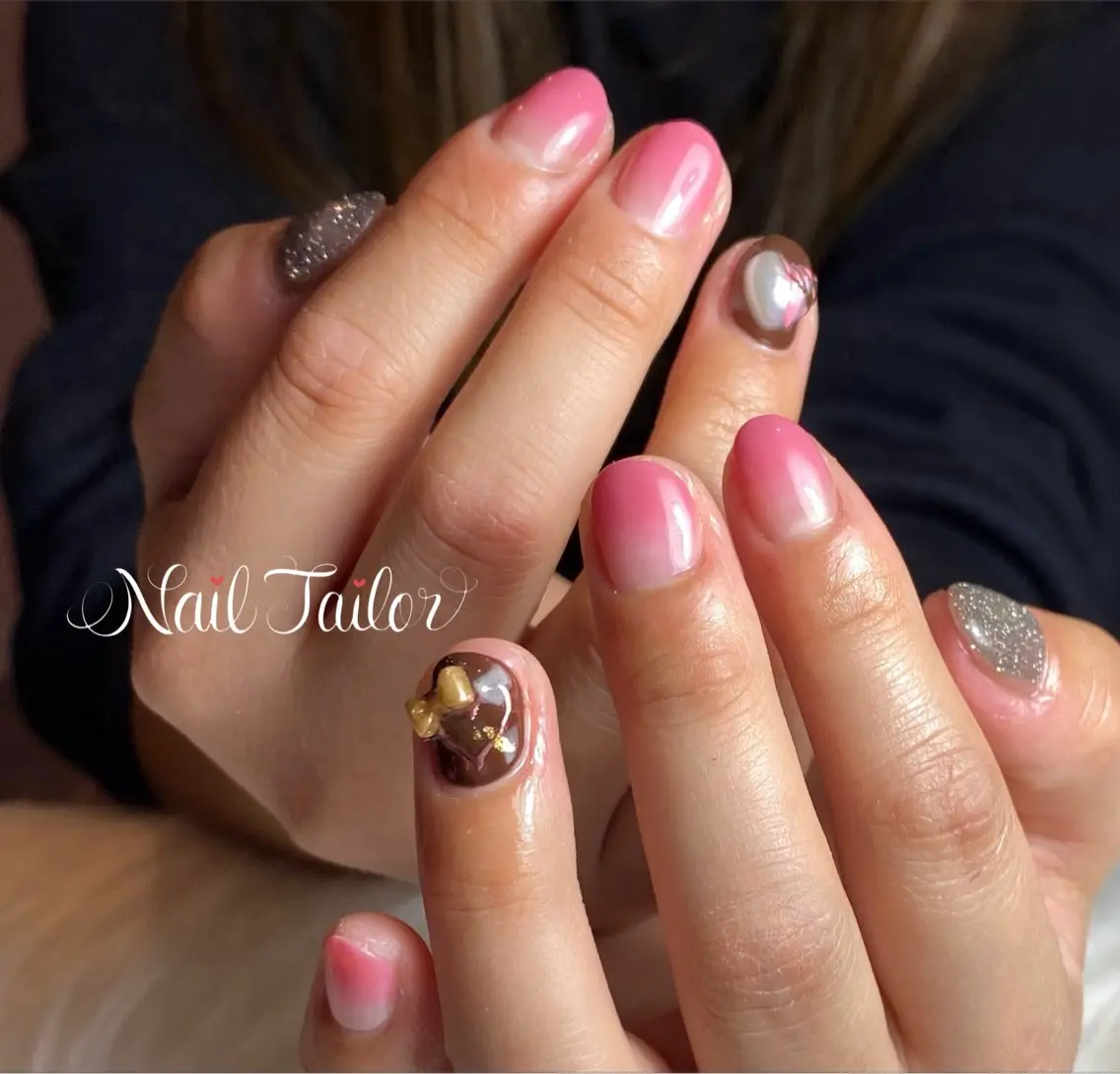 ネイル 長さ出し ジェルネイル ピンク バレンタイン ハンドネイル NailTailor ネイルテイラーのネイルデザイン