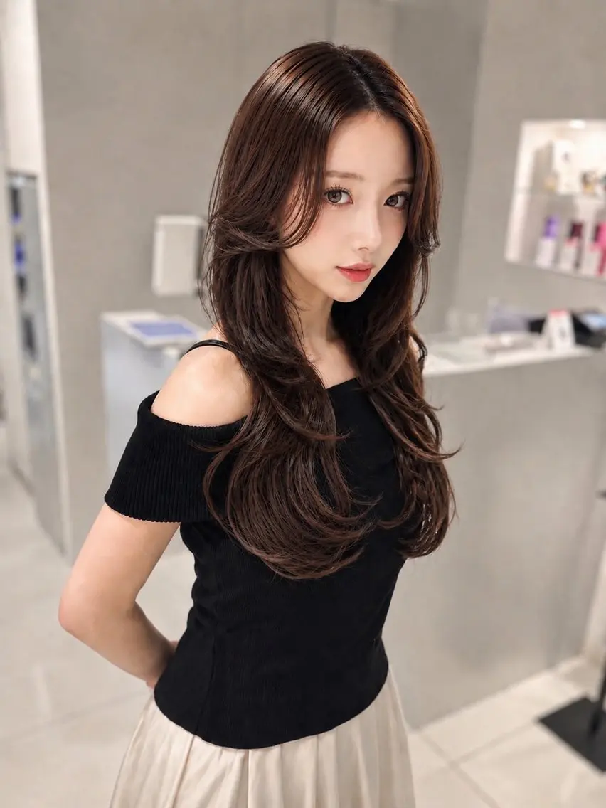 ロング カラー カット ヘアカラー トリートメント 髪質改善ストレート 韓国風レイヤー池袋のヘアスタイル