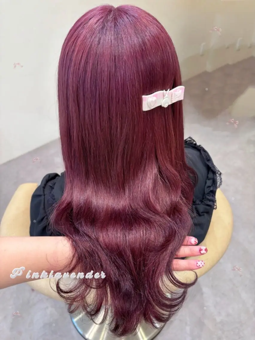 ロング カラー ブリーチ ラベンダーカラー ピンクカラー ピンクラベンダー カット ヘアカラー トリートメント 艶暗髪 ピンクカラー 似合わせカット 栄のヘアスタイル