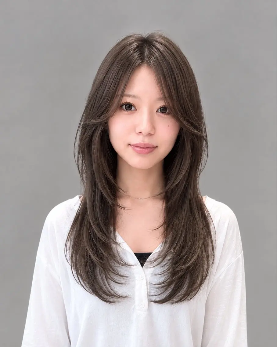 セミロング 顔まわりレイヤー 韓国風ヘア レイヤーカット シースルーバング 小顔カット カット トリートメント 小顔レイヤー/顔周り 艶髪カラー/金山のヘアスタイル