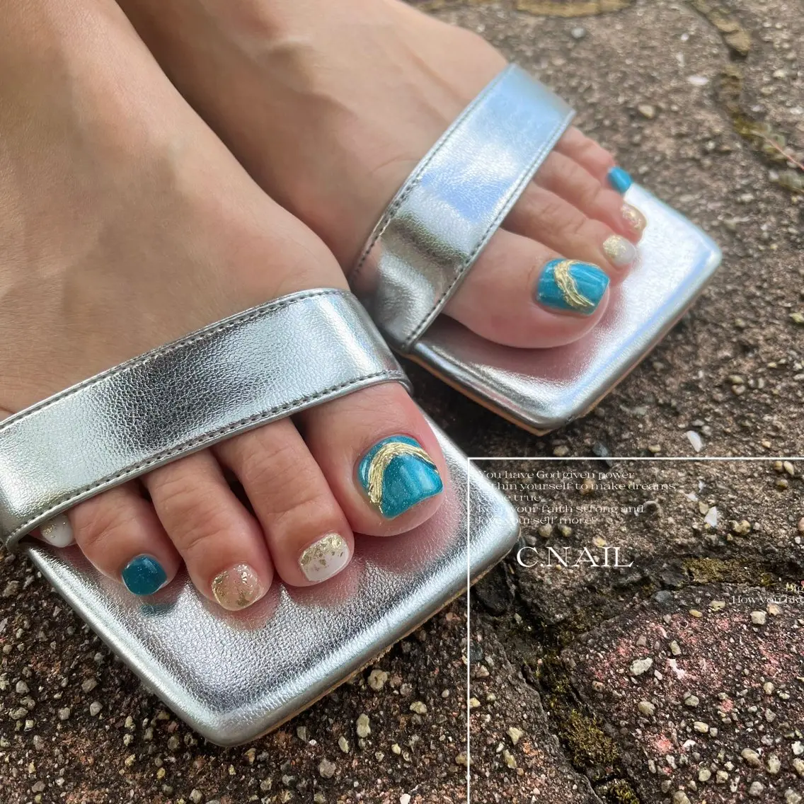 ネイル フットネイル グラデーション グリーン ハート 水色 C.Nail &Eyeのネイルデザイン