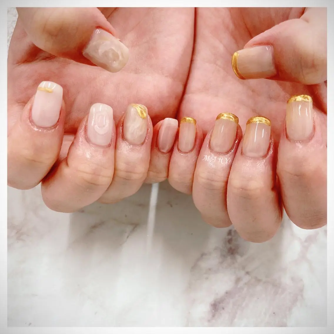 ネイル フレンチネイル ミラーネイル 持ち込み ニュアンスネイル スクエアネイル ハンドネイル Mary nail .narumiのネイルデザイン