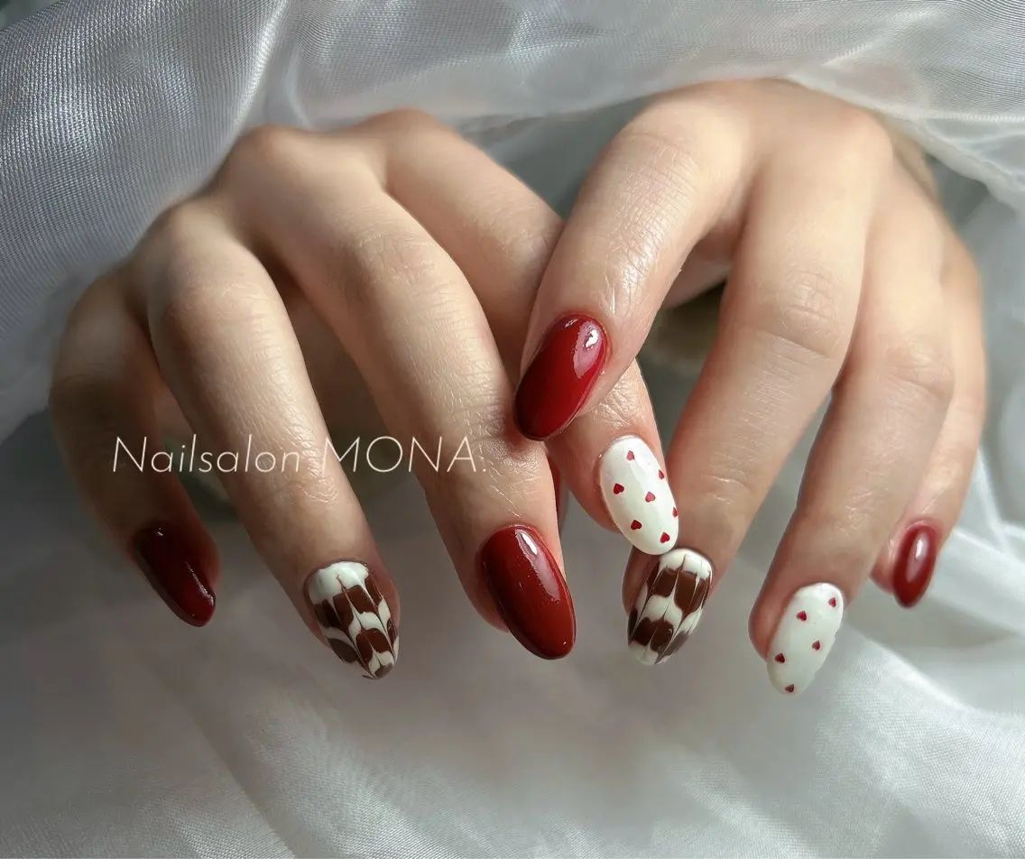 ネイル ボルドー バレンタイン ハンドネイル Nailsalon MONA.のネイルデザイン