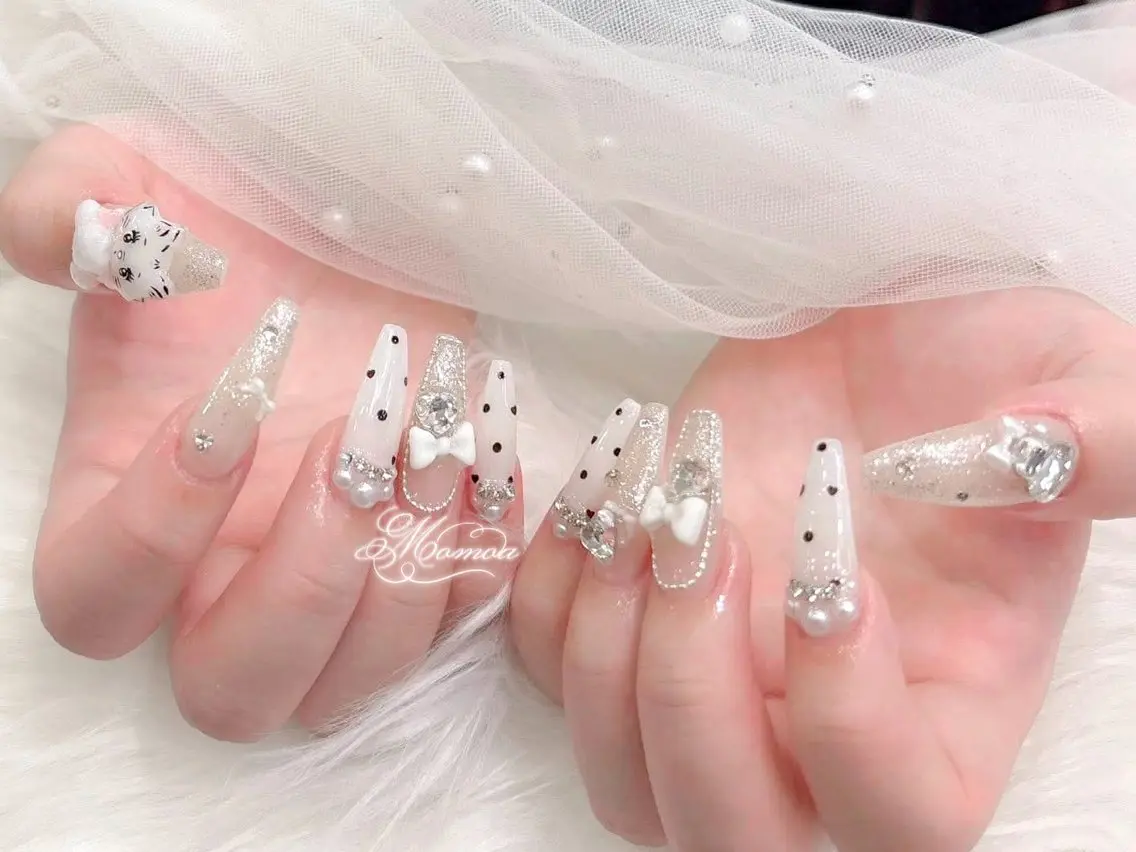 ネイル 成人式 大理石ネイル(マーブル) リボン 夏ネイル ネイルチップ ハンドネイル MoMoA Nail ネイル長さ出し専門店のネイルデザイン