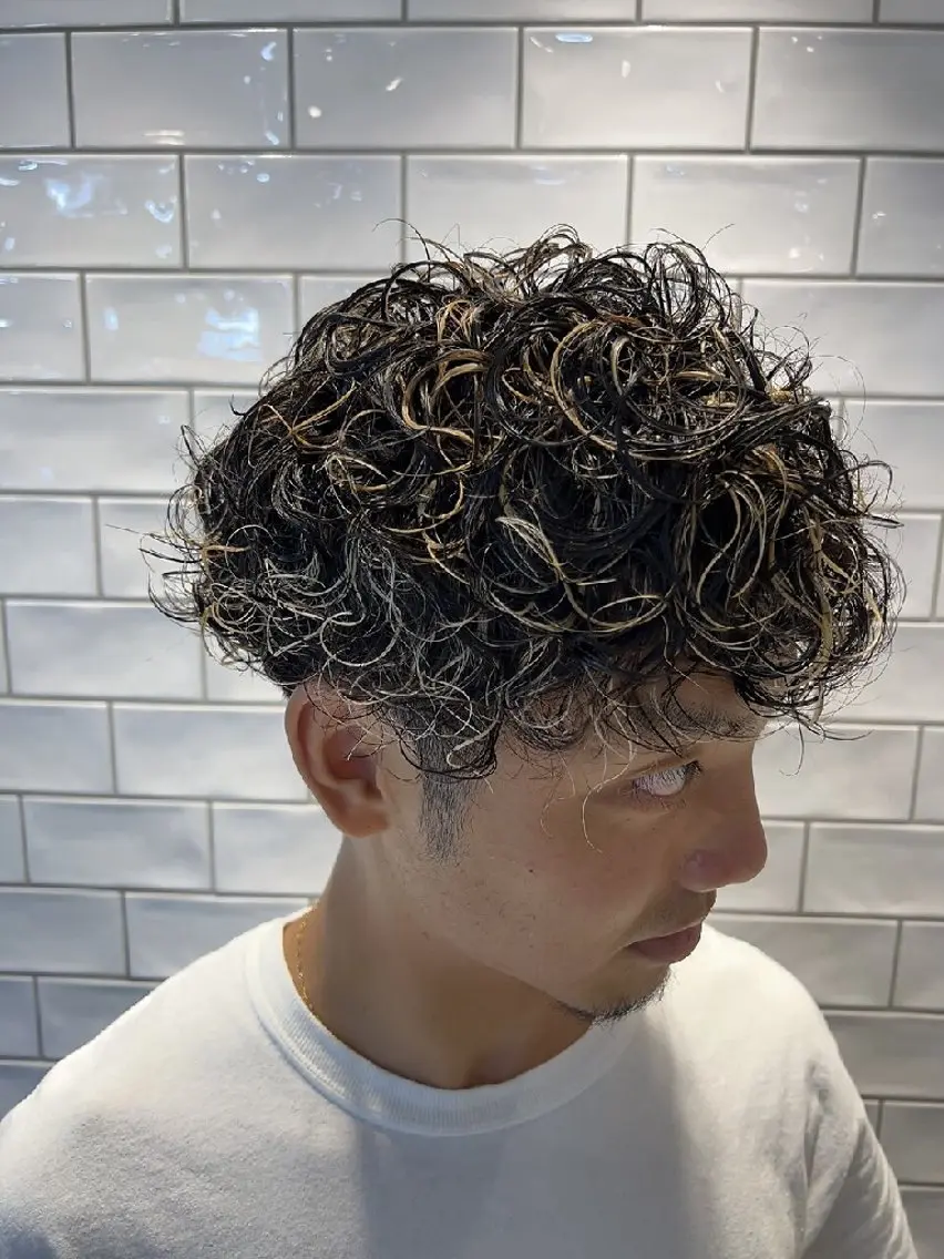ミディアム カラー パーマ ヘアアレンジ メンズ ミディアムパーマ メンズハイライト メンズパーマ プードルパーマ ハイライトカラー 【毛流れヘア】 人気No.1/ユウキのヘアスタイル