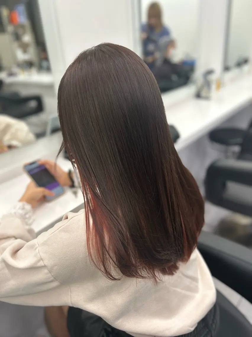 ロング カラー パーマ ヘアアレンジ メンズ キッズ ヘアカラー トリートメント ヘアセット ブリーチなしカラー/ ブラウン/レイヤーのヘアスタイル