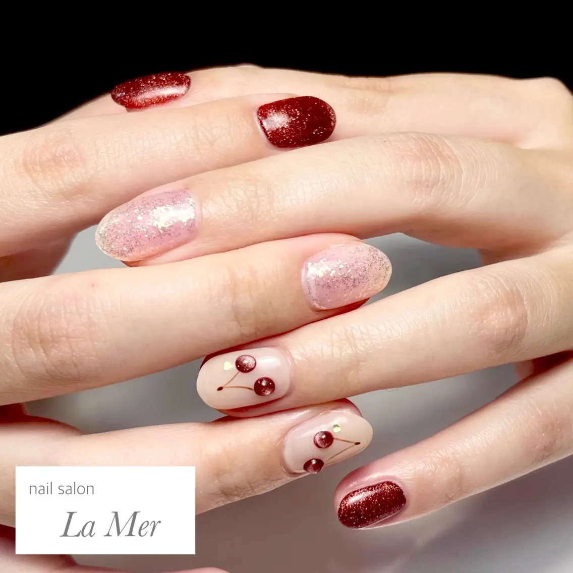 ネイル ボルドー ガーリー マグネットネイル オフィスネイル ぷっくりネイル ハンドネイル nailsalon La Merのネイルデザイン