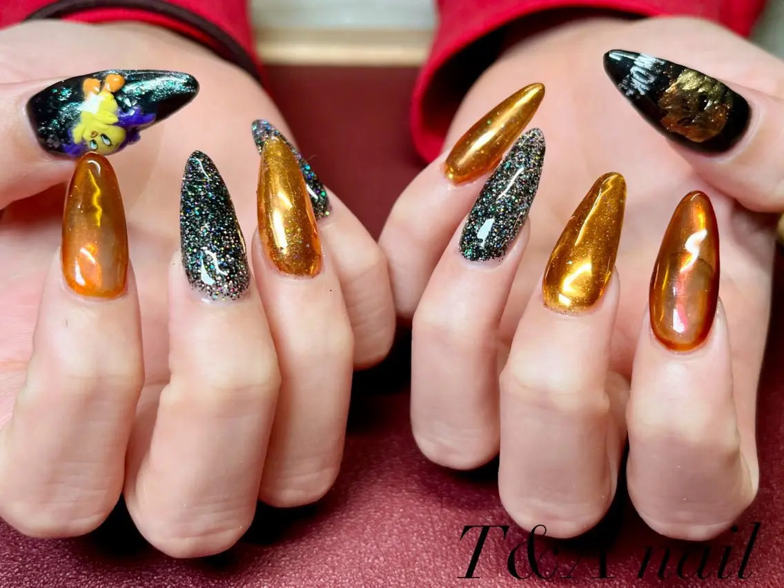 ネイル 長さ出し ジェルネイル ハロウィン オレンジ スカルプネイル T&A nailのネイルデザイン
