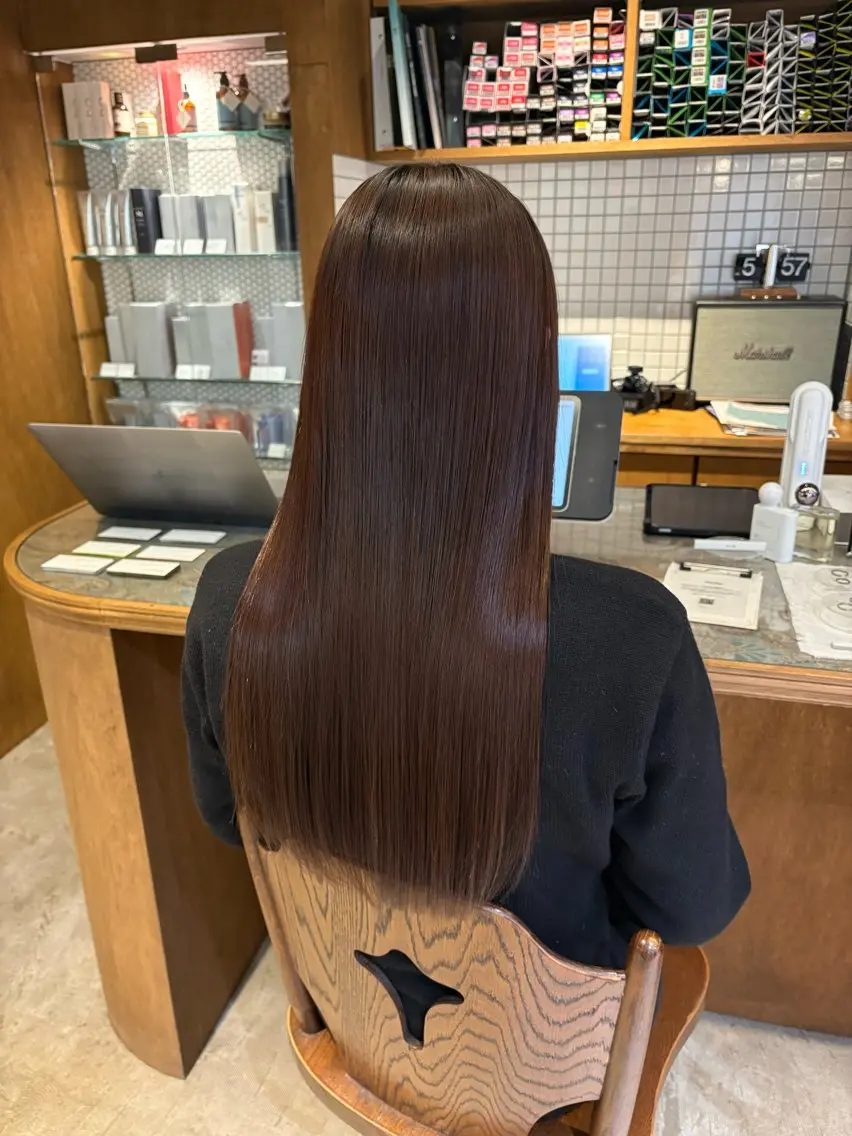 ロング パーマ 酸性ストレート ストレートパーマ 縮毛矯正 名駅/透明感カラー /masaki⠀のヘアスタイル
