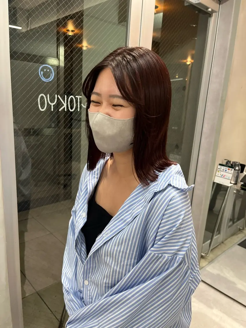 ミディアム カラー 縮毛矯正ボブ&顔まわ レイヤー♡TOMOEのヘアスタイル