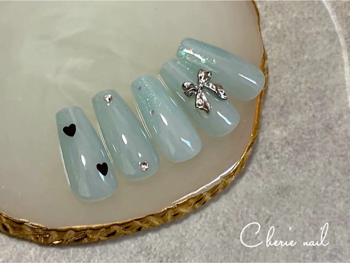 ネイル ジェルネイル リボン ワンホンネイル Cherienail yunaのネイルデザイン