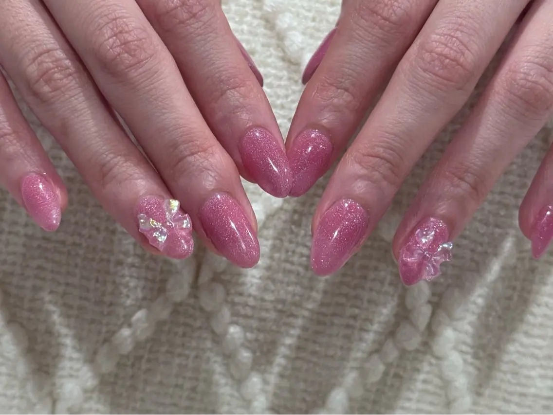 ネイル ワンカラーネイル ピンク リボン シンプルネイル ハンドネイル Nail 中村公園 kanakoのネイルデザイン