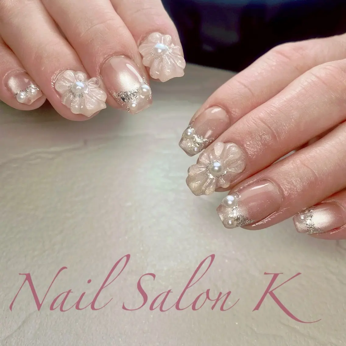 ネイル フラワーネイル フレンチネイル ラメ(グリッター) ぷっくりネイル ハンドネイル Nail Salon K 🧸美爪育成のネイルデザイン