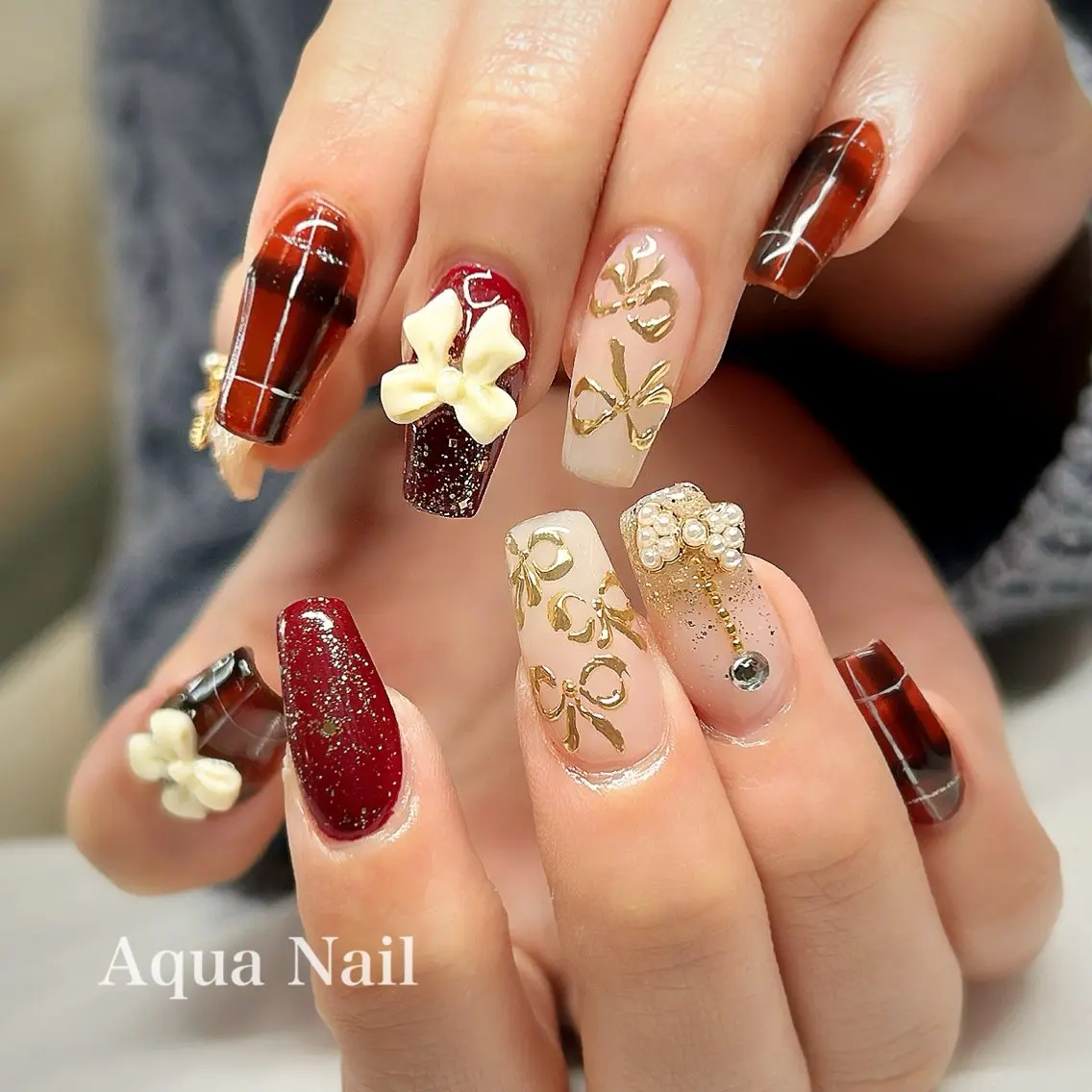 ネイル アートネイル 韓国ネイル ロングネイル リボン スカルプネイル ハンドネイル AQUA NAILのネイルデザイン