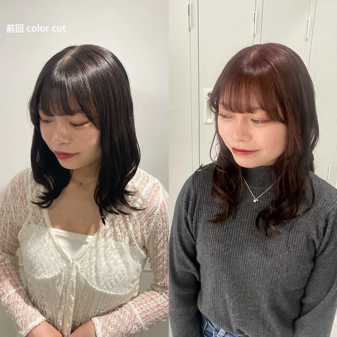 ミディアム カラー 顔周りカット yuzuna ハイトーン 天神のヘアスタイル