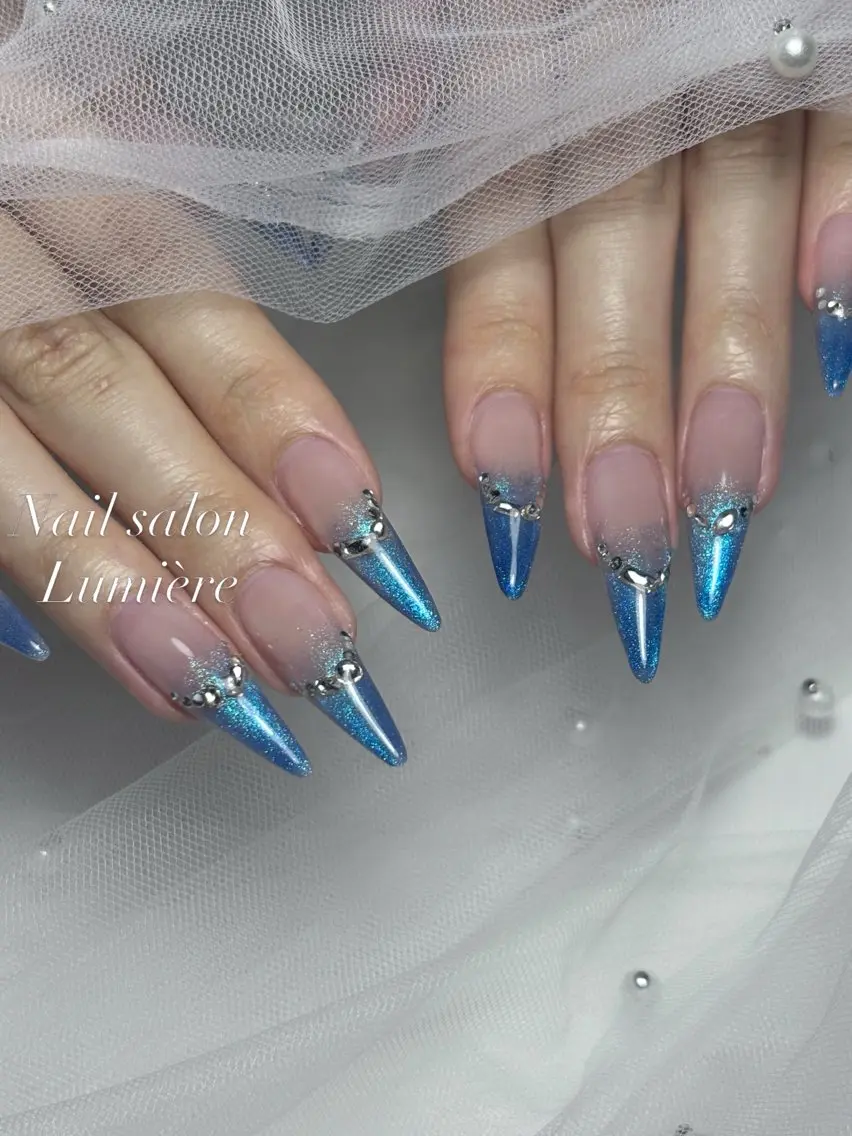 ネイル ブルー ハンドネイル Lumière｜ ロング｜ワンホンのネイルデザイン