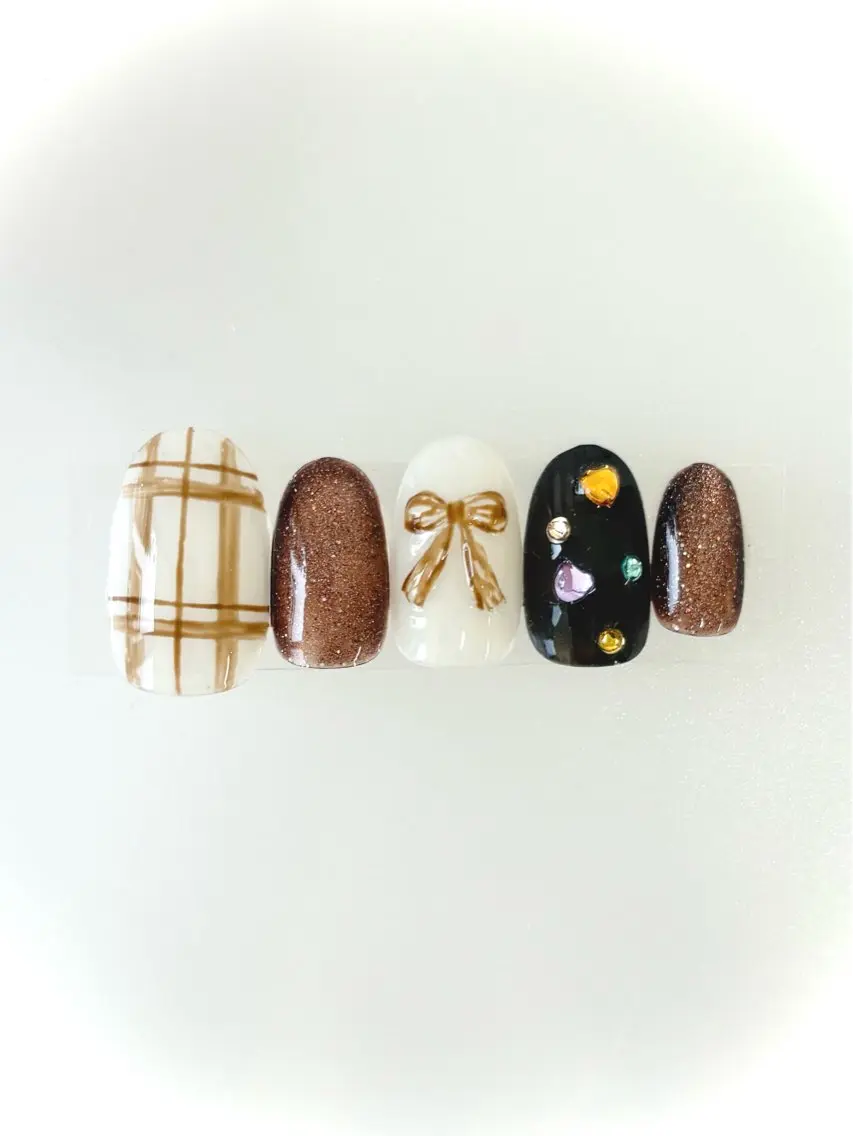 ネイル ブラウン リボン ハンドネイル Mary nail .narumiのネイルデザイン