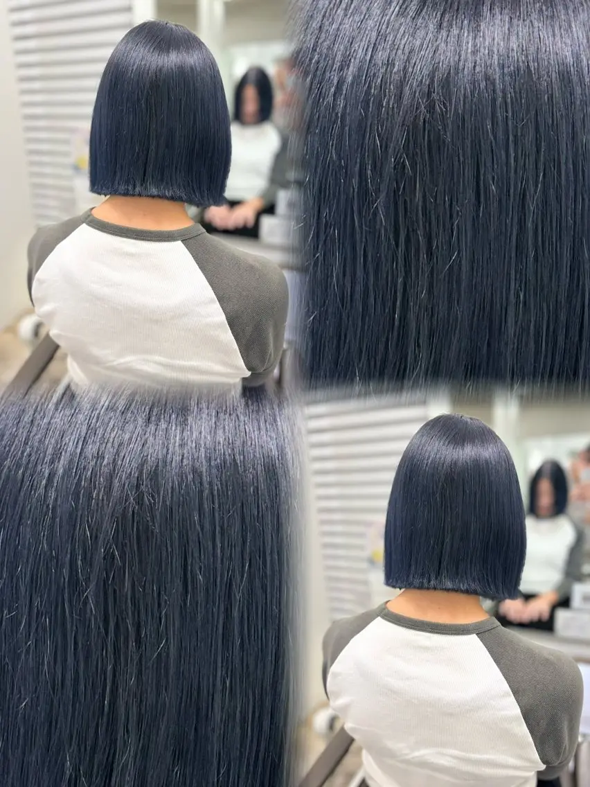 ショート カラー ブリーチ ブルーカラー ネイビーカラー ボブ カット ヘアカラー トリートメント 髪質改善🎀うる ツヤカラー🩷きららのヘアスタイル