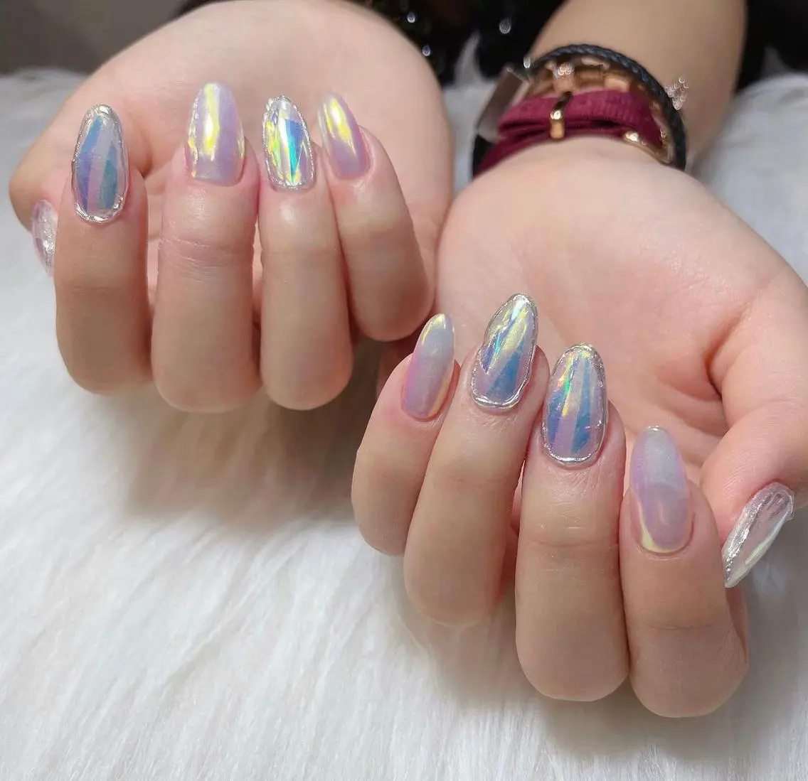 ロング カラー ネイル アートネイル オーロラネイル 長さ出し Q Free nailsのネイルデザイン