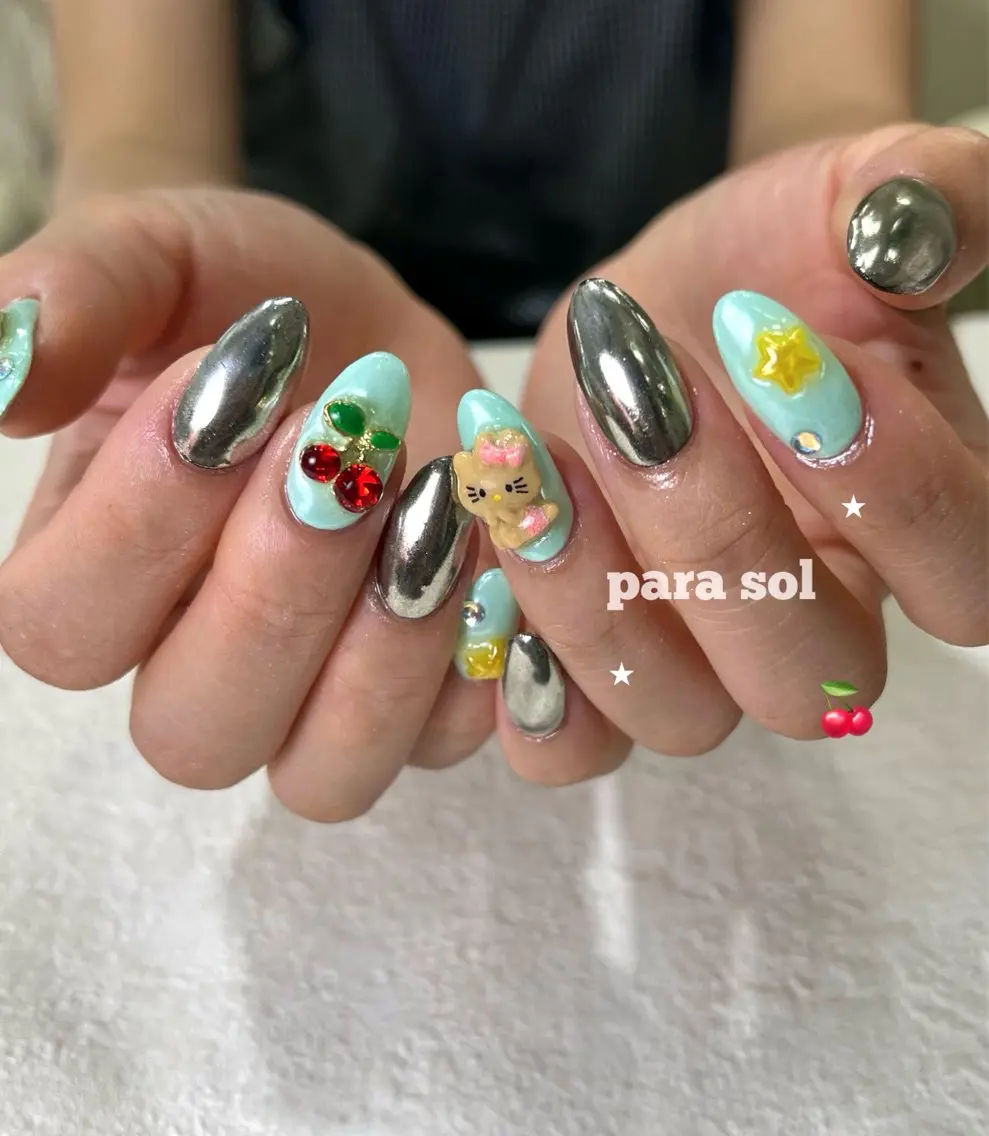 ネイル 水色 ミラーネイル ハンドネイル フットネイル Para Sol nail Maoのネイルデザイン