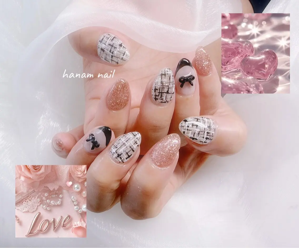 ネイル リボン ツイードネイル ハンドネイル hanam nail 🌿🩵ハナムネイルのネイルデザイン