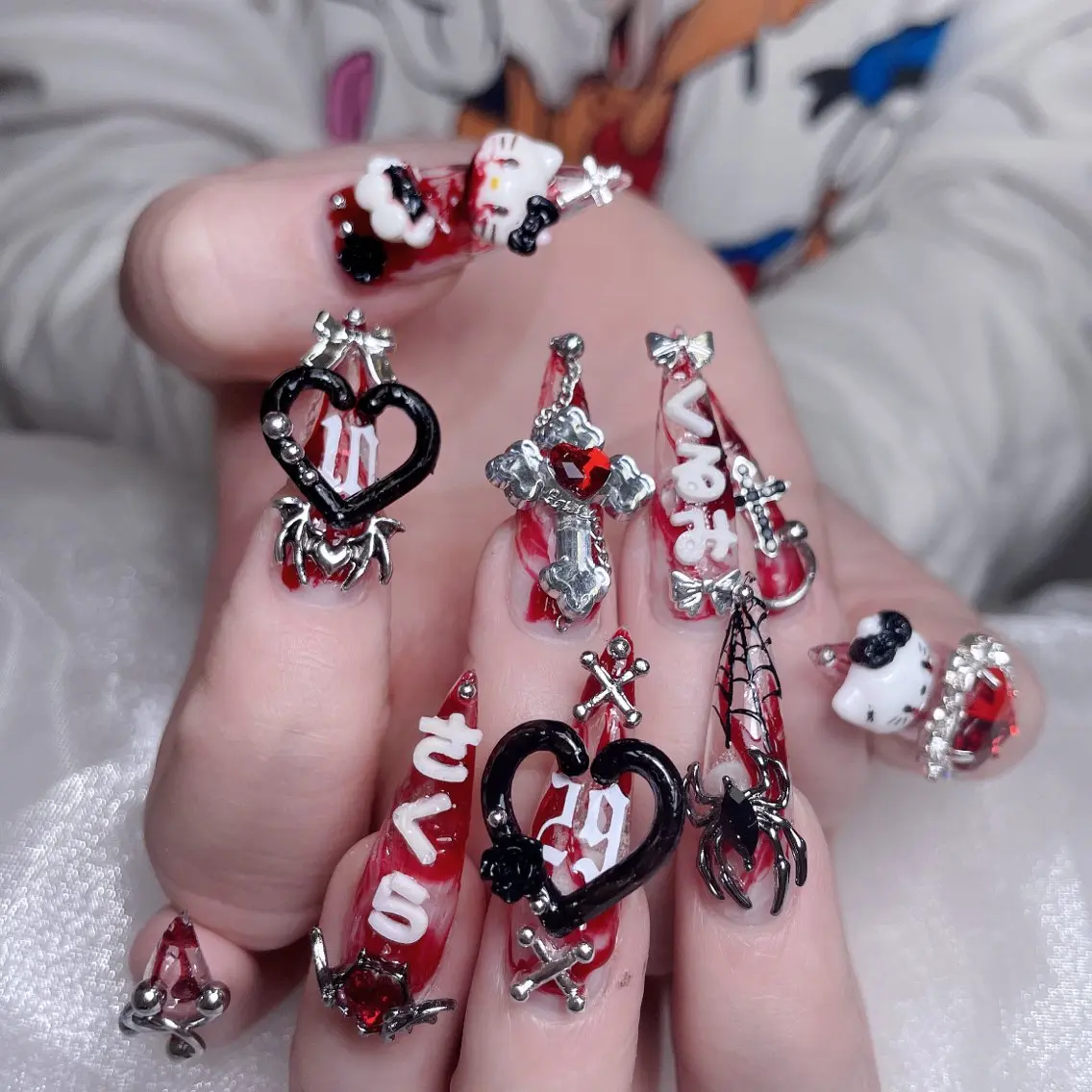 ネイル 成人式 ロングネイル マグネットネイル 大理石ネイル(マーブル) リボン ハンドネイル MoMoA Nail ネイル長さ出し専門店のネイルデザイン