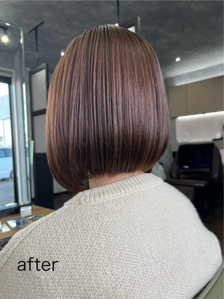 ショート カラー 前下がりボブ ブラウンカラー ピンクカラー ボブ 〜tiehair 小幡のヘアスタイル