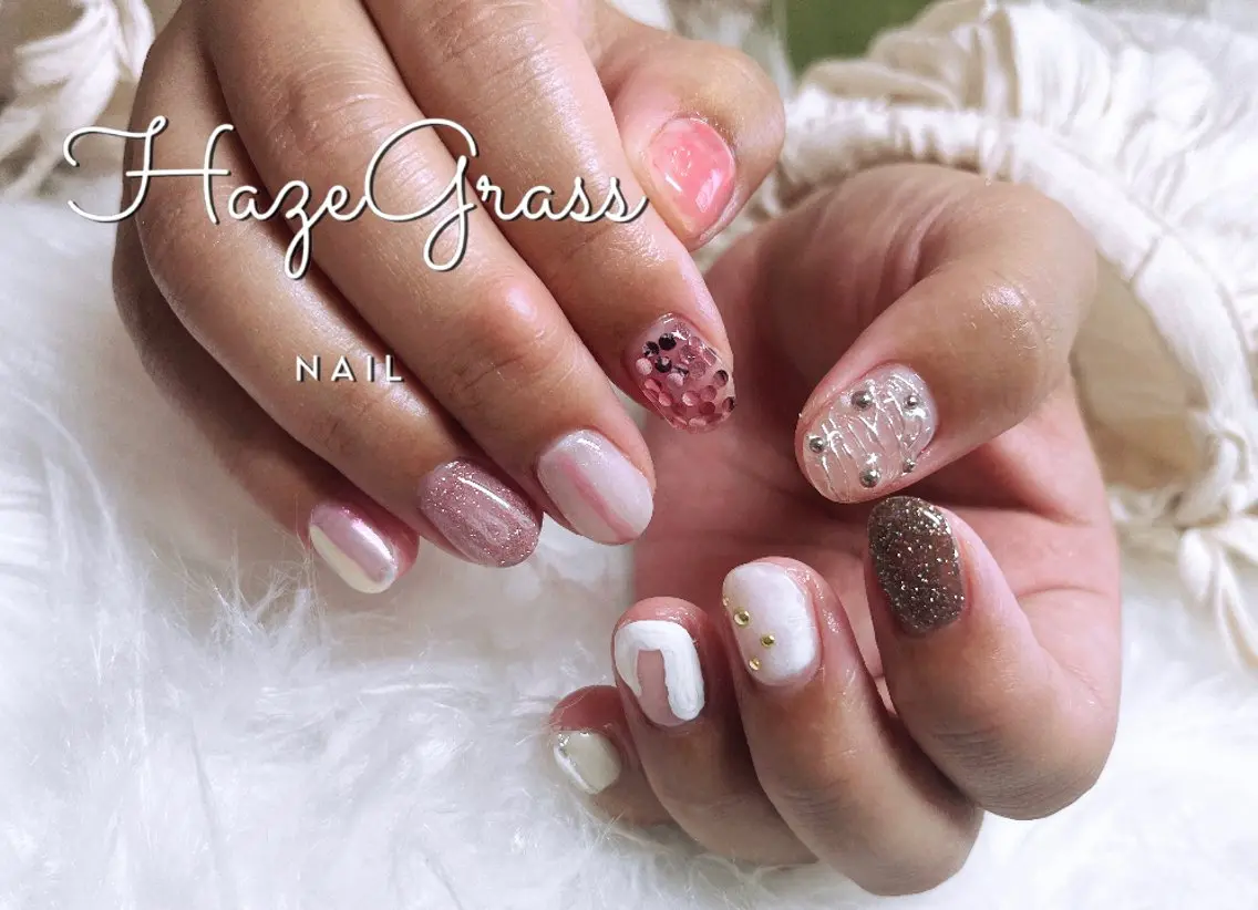 ネイル ニュアンスネイル ピンク シルバー ハンドネイル HazeGrass NAILのネイルデザイン