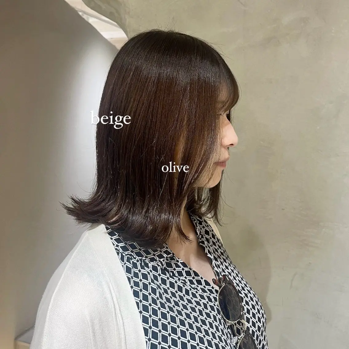 ミディアム カラー カット ヘアカラー トリートメント 切りっぱなしボブ/ 艶カラー/綾莉のヘアスタイル