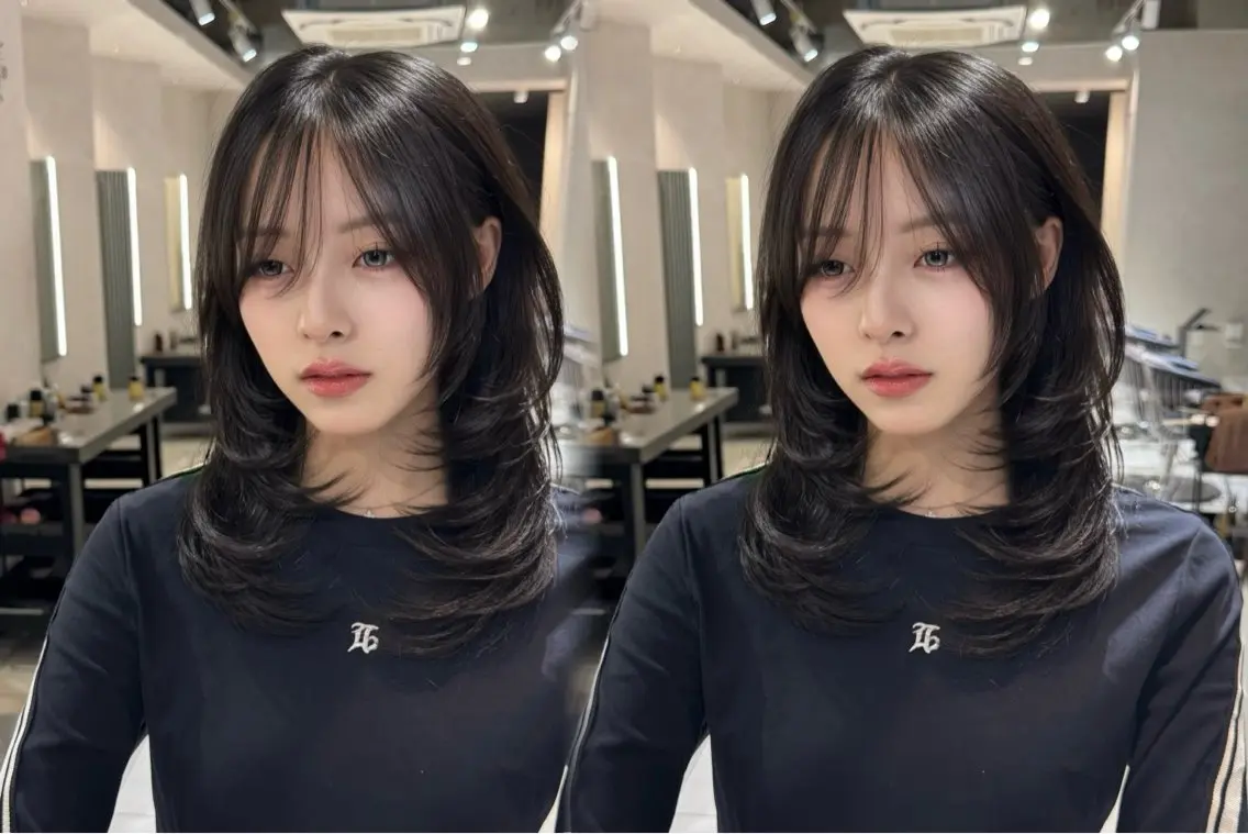 ミディアム カラー カット 縮毛矯正 韓国ハイレイヤー ハッシュカット特化のヘアスタイル