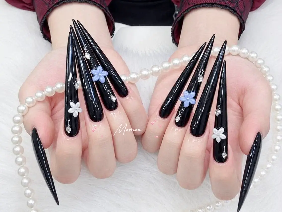 ネイル 成人式 大理石ネイル(マーブル) リボン 夏ネイル ネイルチップ ハンドネイル MoMoA Nail ネイル長さ出し専門店のネイルデザイン