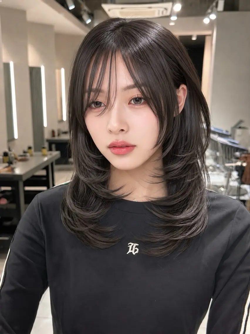 ミディアム カラー カット 縮毛矯正 髪質改善ストレート 韓国風レイヤー池袋のヘアスタイル