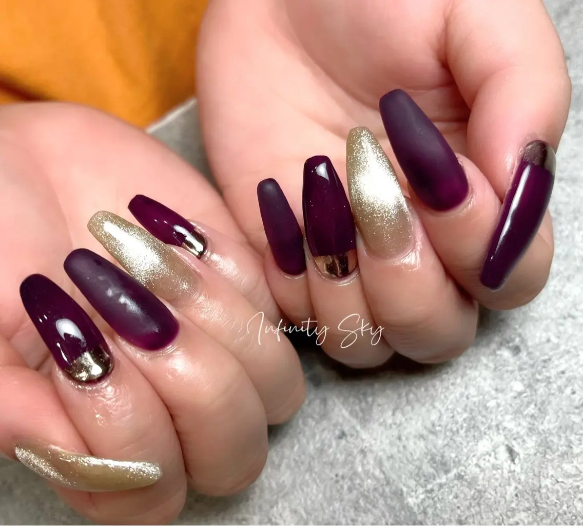 ネイル ロングネイル ミラーネイル パープル infinity skyのネイルデザイン