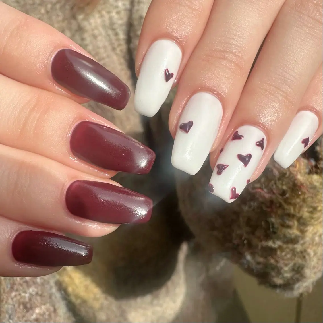 ネイル アートネイル ボルドー ハート 氷ネイル・うるうるネイル 韓国ネイル 🪞KAPE NAIL 🪞のネイルデザイン