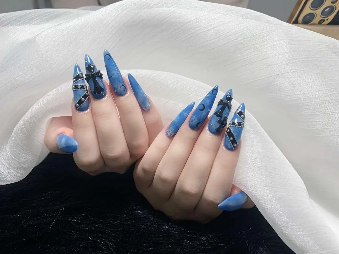 ネイル ブルー 韓国ネイル ロングネイル 持ち込み リボン Melia Nailsのネイルデザイン