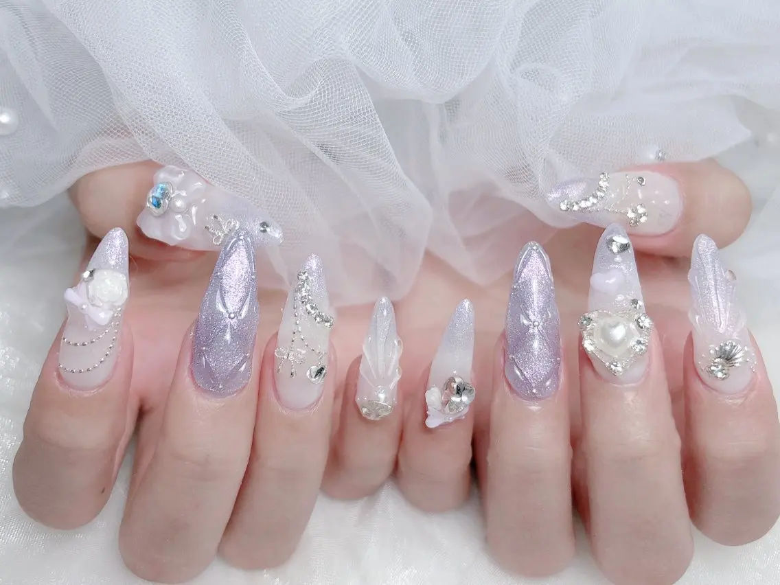 ネイル 成人式 ロングネイル マグネットネイル 大理石ネイル(マーブル) リボン ハンドネイル MoMoA Nail ネイル長さ出し専門店のネイルデザイン