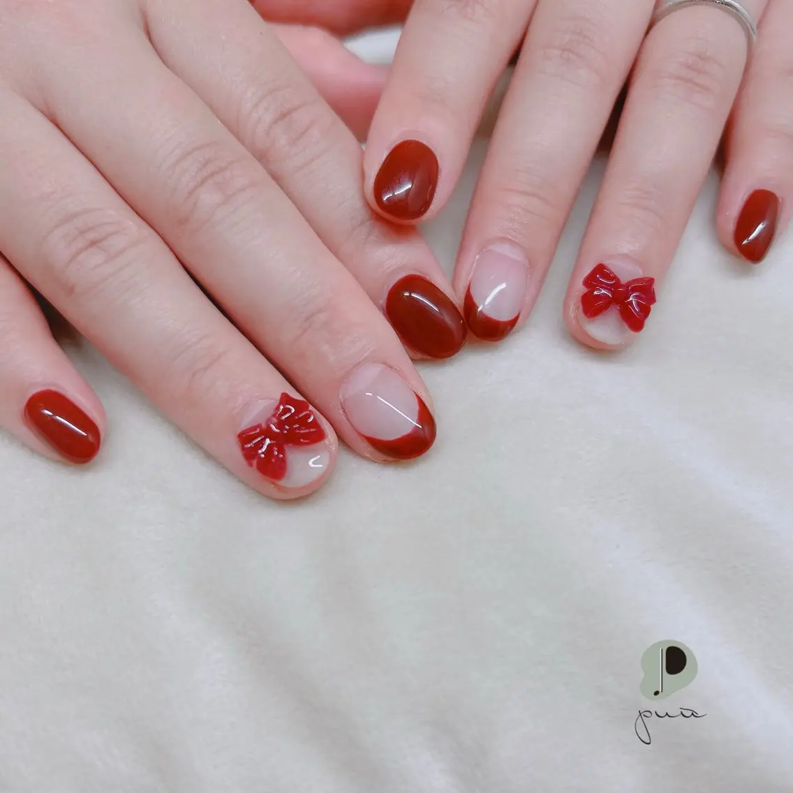 ネイル フレンチネイル ジェルネイル ワンカラーネイル リボン ハンドネイル Nail salon puu kyotoのネイルデザイン