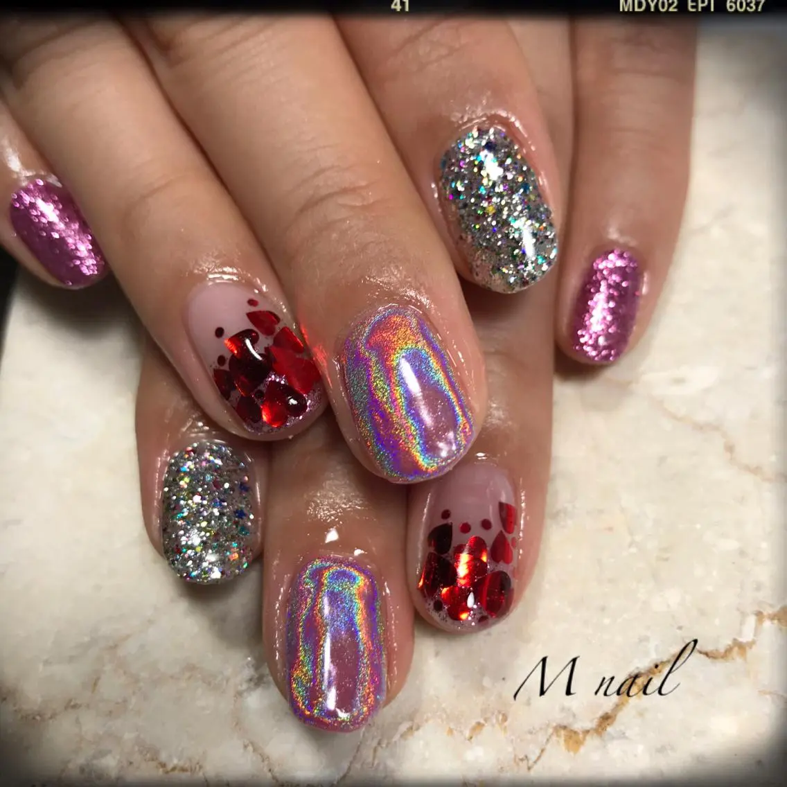 ネイル ハート ホログラムネイル ラメ(グリッター) ピンク バレンタイン M nail 市原市ちはら台のネイルデザイン