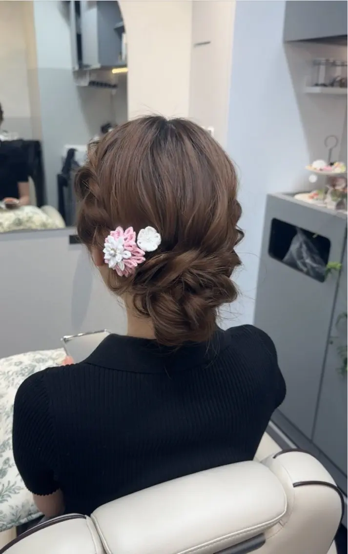 ヘアアレンジ お団子ヘア 浴衣 ヘアセット レイヤーカット✂︎池 袋個室サロンkumaのヘアスタイル