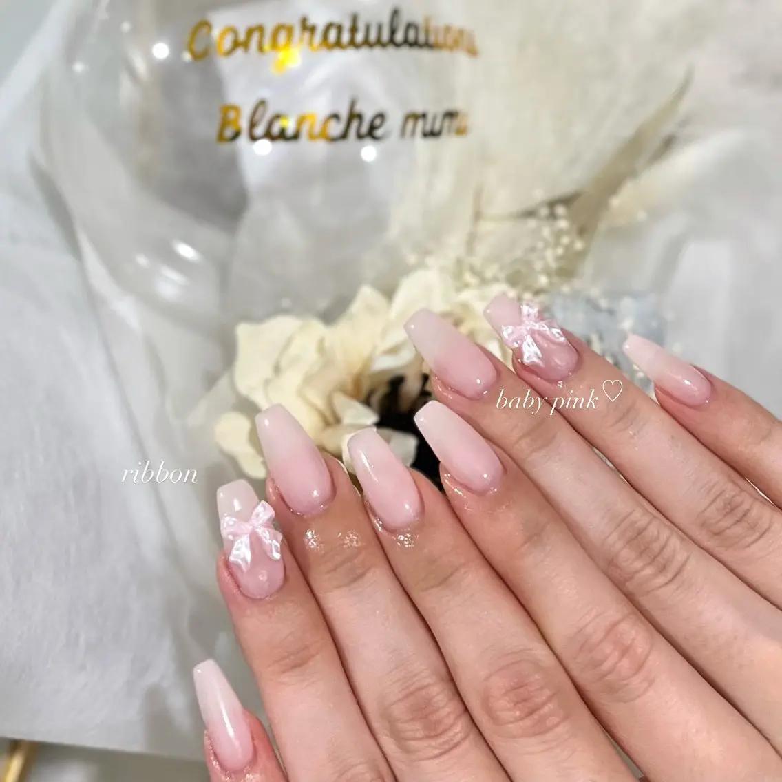 ネイル リボン ハンドネイル Blanche mimi.u_aのネイルデザイン