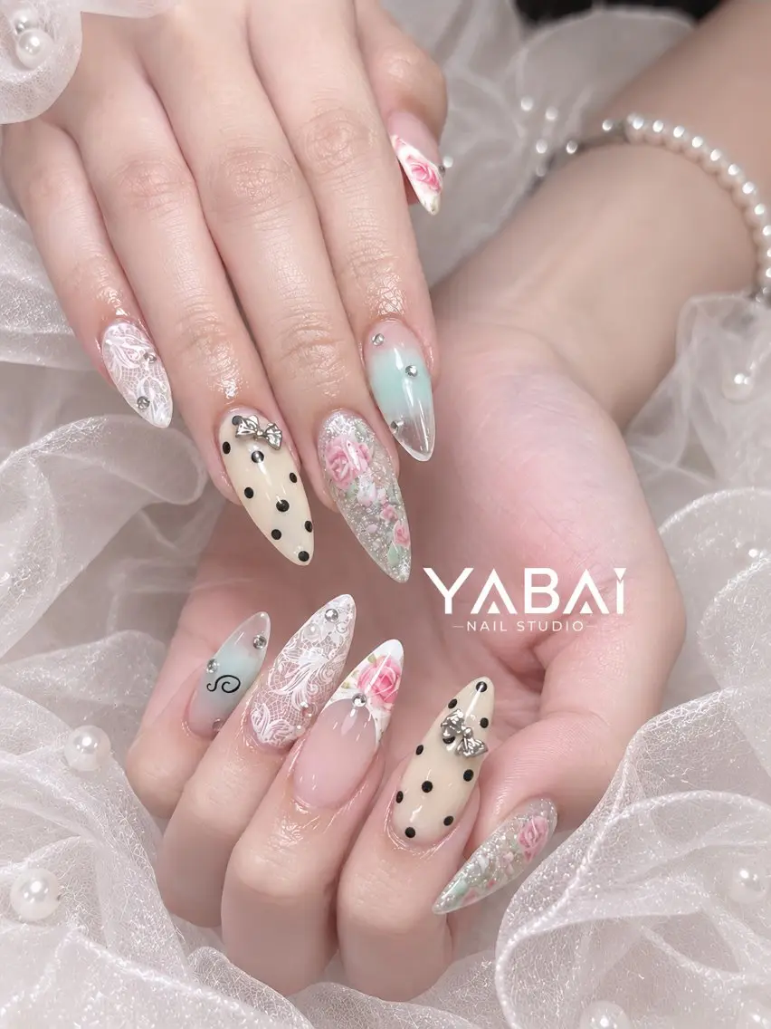ネイル ドット グリーン レース ラメ(グリッター) ロングネイル YABAI NailStudioのネイルデザイン
