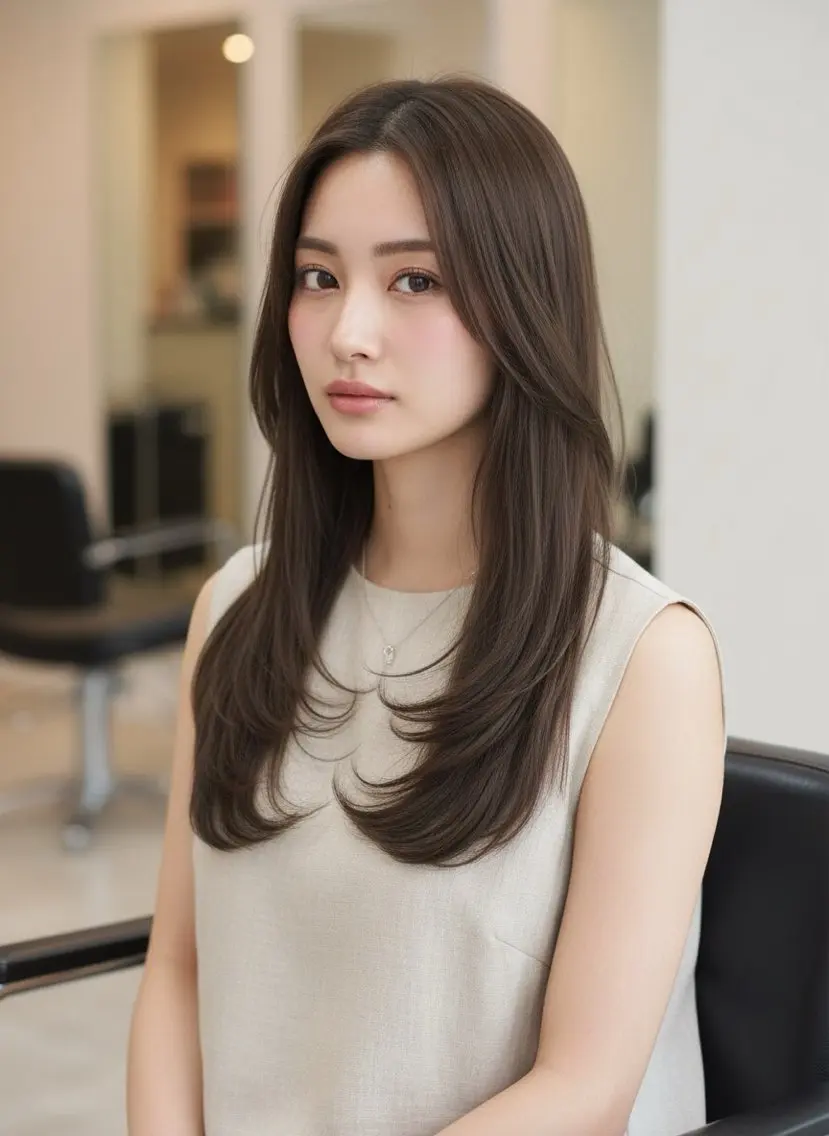 ロング カラー ロングレイヤー ベージュカラー 透明感カラー 顔周りカット 髪質改善 カット ヘアカラー トリートメント 韓国レイヤーカット× 髪質改善ラビマーニのヘアスタイル